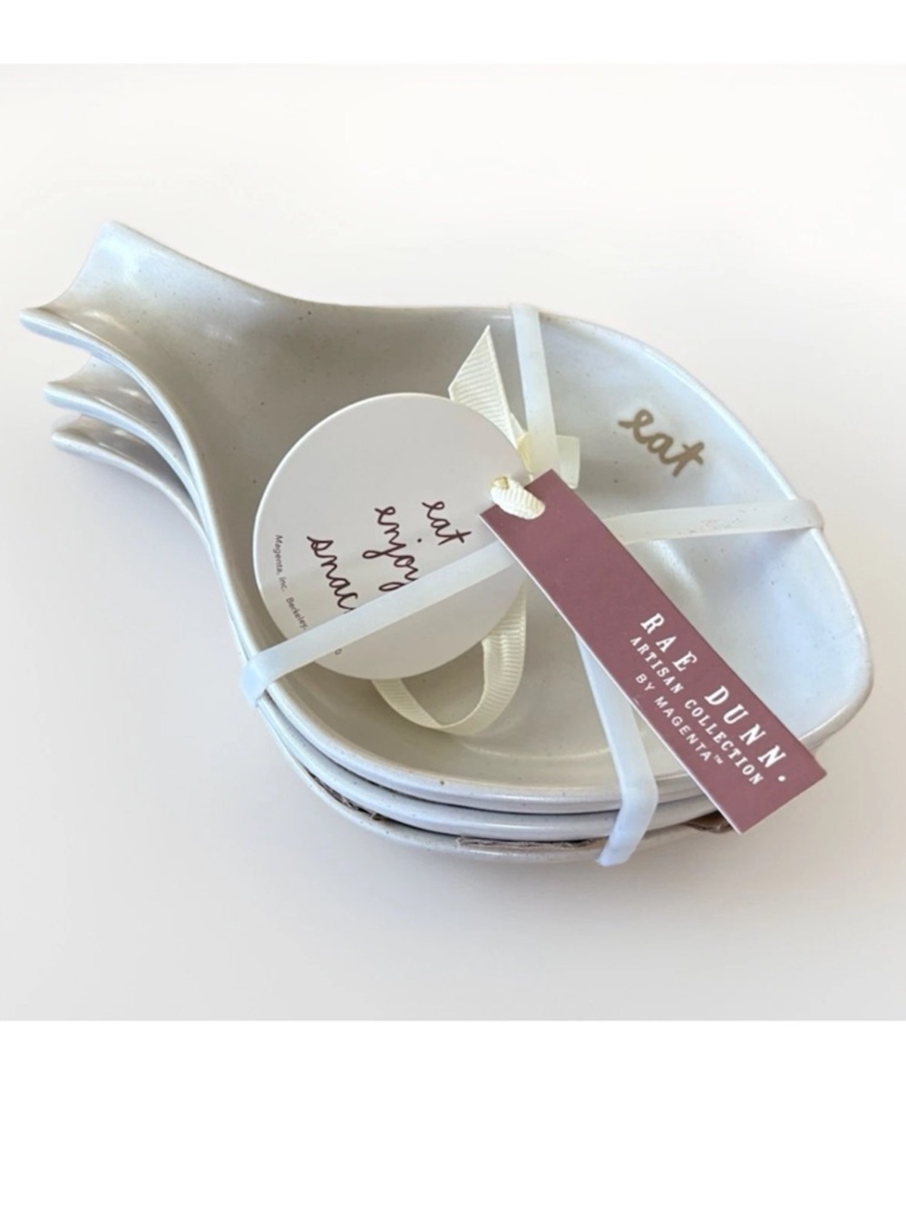 RAE DUNN Nesting Leaf EAT ENJOY SNACK Ceramic Spoon Rests Rustic Farmhouse NWTx3